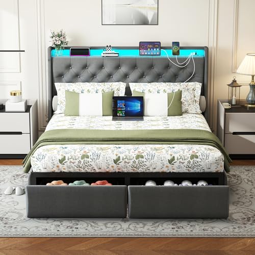 Queen Bed Frame with 2 Storage Drawers, Platform Bed Frame Queen Size with LED Light, Upholstered Headboard, Charging Station, Steel Slat Support