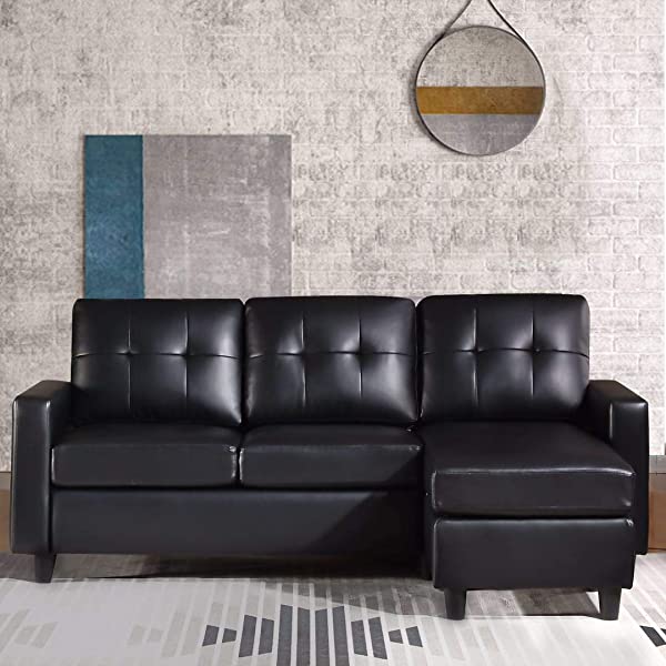 HONBAY Convertible Sectional Sofa Couch, L Shaped Sofa Couch with Faux Leather Sectional for Small Apartment Brown