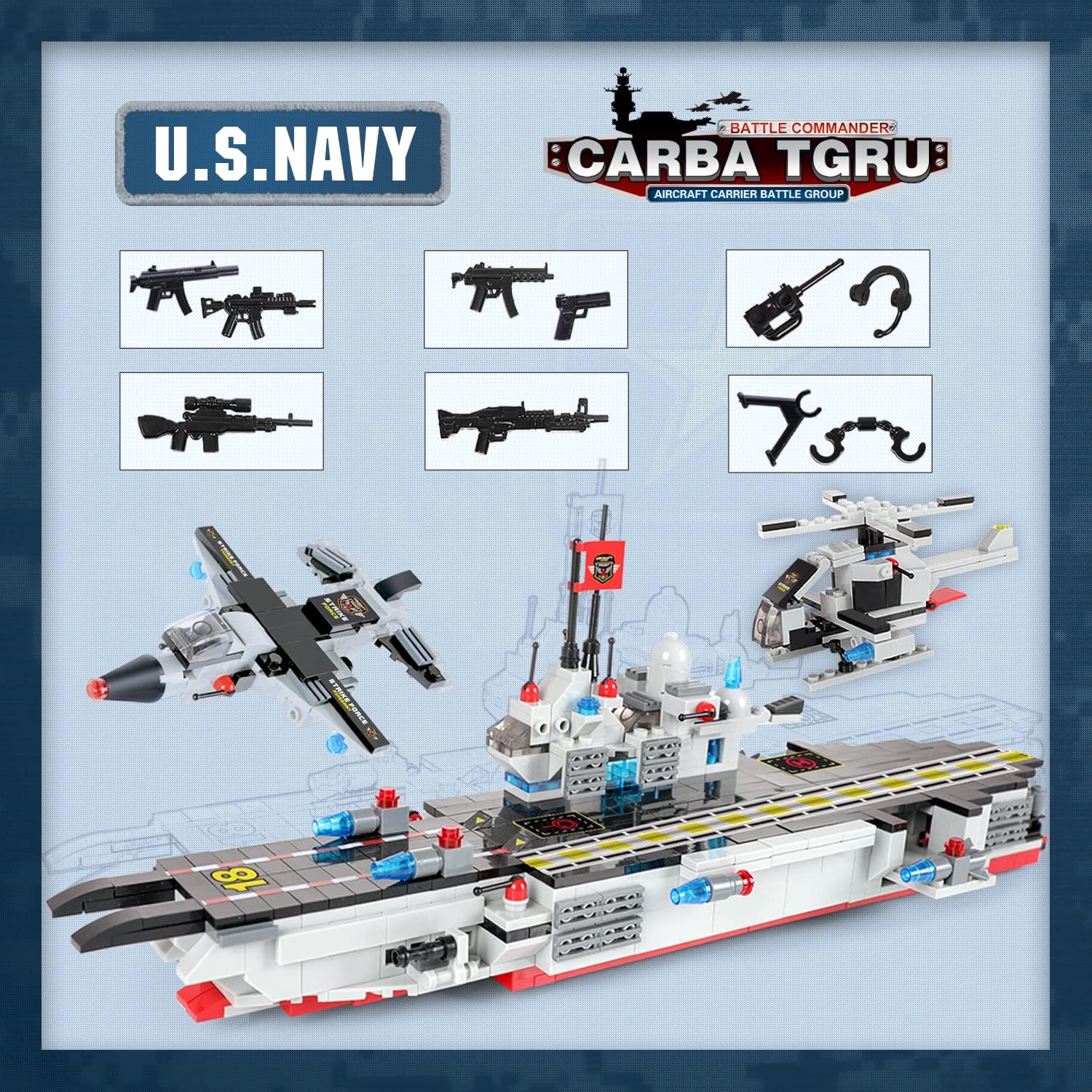 1630 Pieces Aircraft Carrier Building Blocks Set, City Police Military Battleship Building Toy with Army Car, Helicopter, Airplane, Warship, Boat