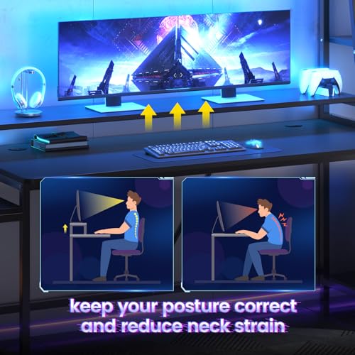 SEDETA Gaming Desk 78.8'' with LED Lights, Hutch and Storage Shelves, Computer Desk with Monitor Stand, Large PC Gamer Desk Workstation