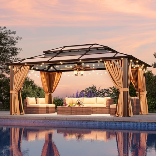 Aoxun 12'x16' Hardtop Gazebo, Aluminum Frame Permanent Pavilion with Netting and Curtains, Outdoor Polycarbonate Double Roof Canopy