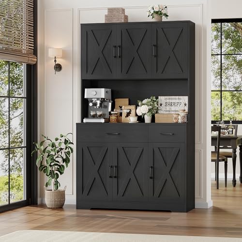 HOSTACK 71" Pantry Cabinet with Charging Station, Tall Kitchen Pantry Storage Cabinet with Microwave Stand
