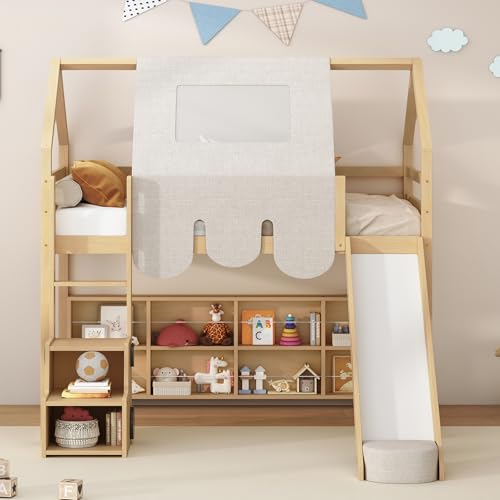 Harper & Bright Designs Kids Twin Low Loft Bed with Slide and Storage Shelves, Wood Playhouse Loft Bed Frame with a Tent & Stairs
