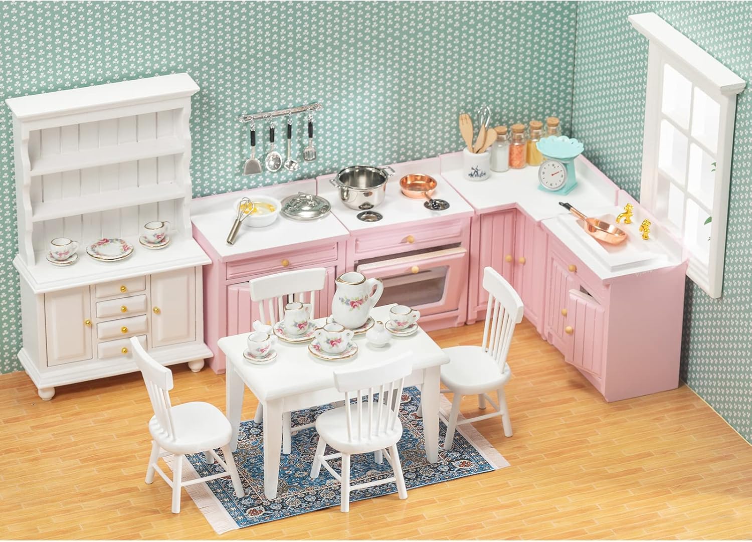 SAMCAMI 1:12 Dollhouse Furniture - Exquisite Kitchen Room Set (17 Pieces) - Dining Table with Chairs, Tea Set, Carpet