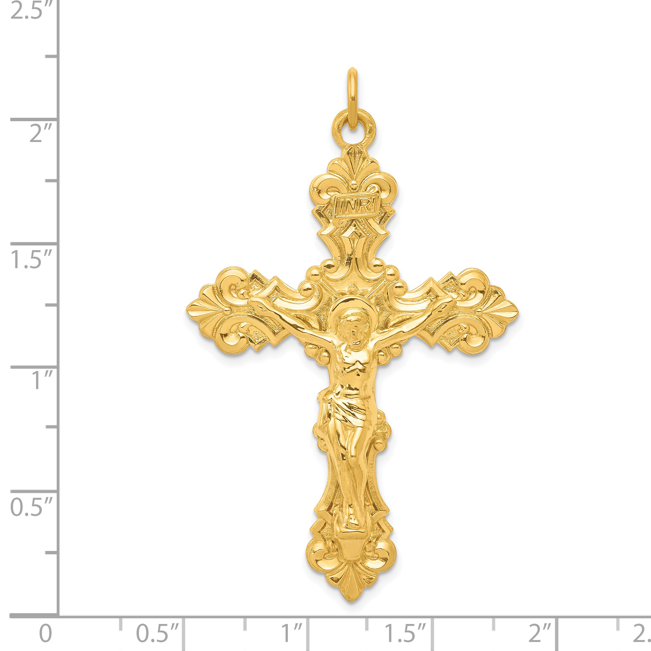 Carat in Karats Sterling Silver Polished Finish 24K Inri Crucifix Charm Pendant (55mm x 35mm) With Sterling Silver Cable Chain Necklace 20''