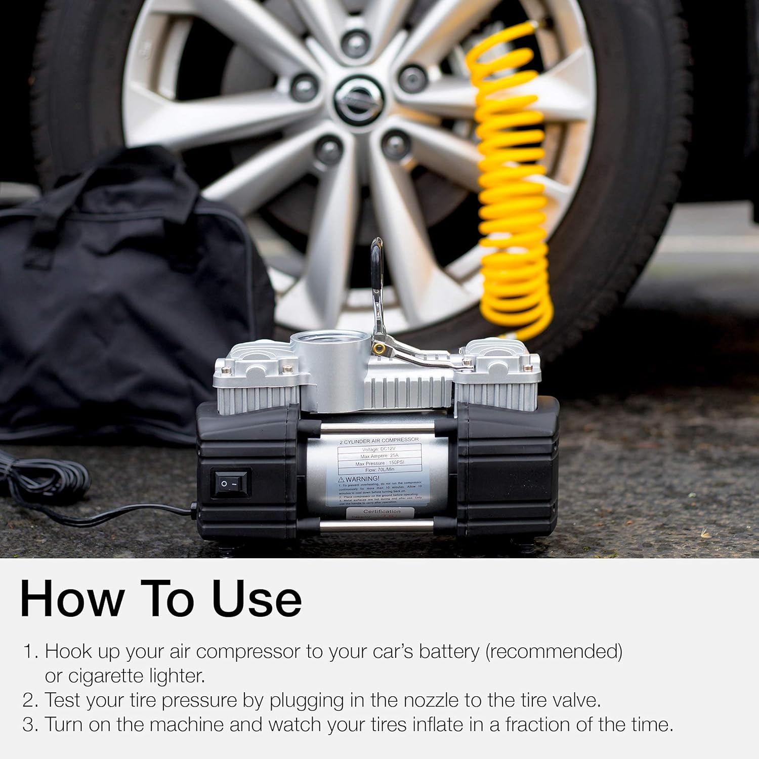Portable Double Cylinder Air Compressor Tire Inflator with LED Flashlight, 12V Compact Air Pump for Car Tires, 150 PSI Heavy-Duty Metal Tire Pump