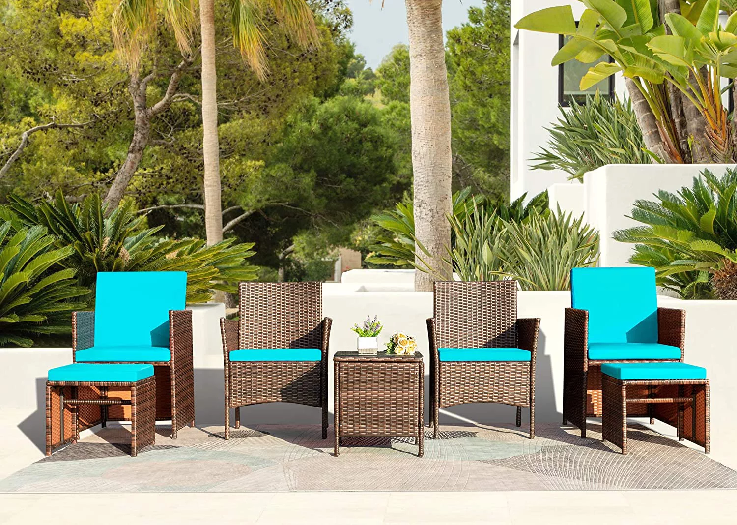 Vineego 7-Pieces Patio Furniture Set Outdoor All Weather Cushioned Wicker Chairs with Ottoman and Glass Table, Blue