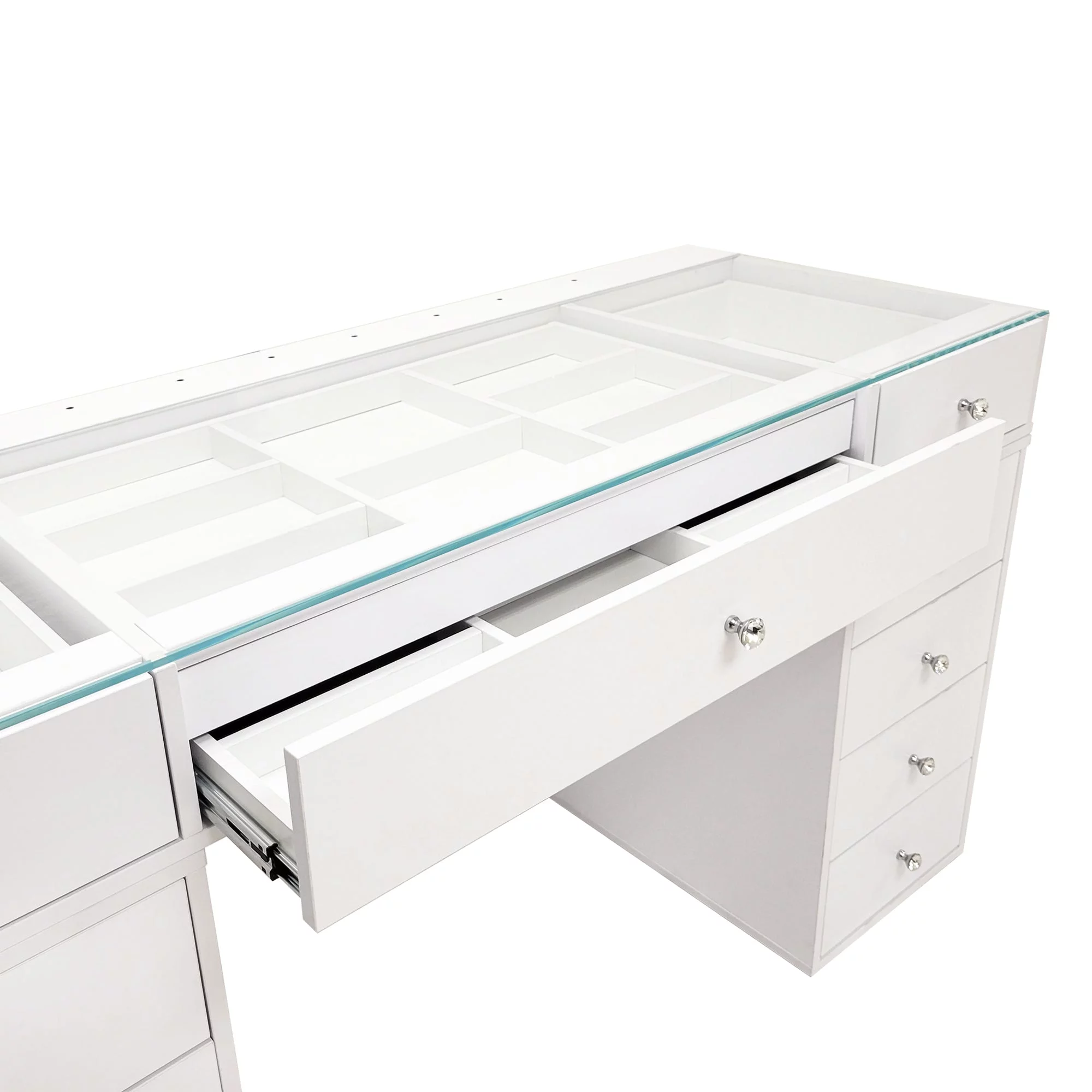 Impressions Vanity Slaystation Naomi Vanity Desk with Glass Tabletop with 10 Storage Drawers (White)