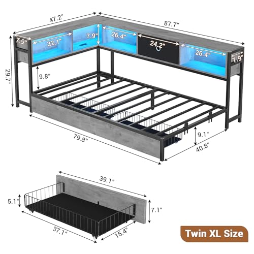 Hasuit Corner Bed Frame with Storage Bookcase, Twin Daybed with Storage Drawers Underneath, Kids Bed Unit with Charging Station and LED Light