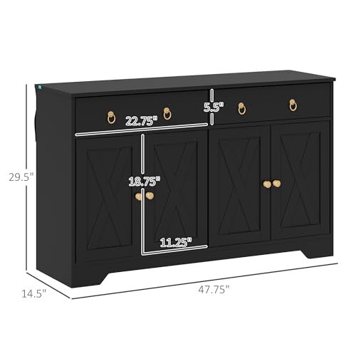 HOMCOM 48" Sideboard Buffet with Storage, Kitchen Storage Cabinet with 2 Drawers and 4 Barn Doors