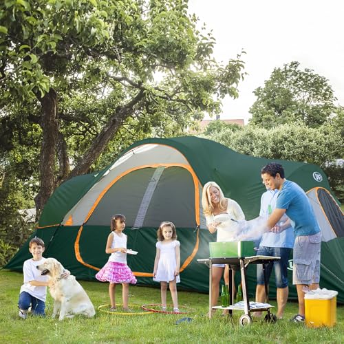 UNP Camping Tent 10-Person-Family Tents, Parties, Music Festival Tent, Big, Easy Up, 5 Large Mesh Windows, Double Layer, 2 Room, Waterproof