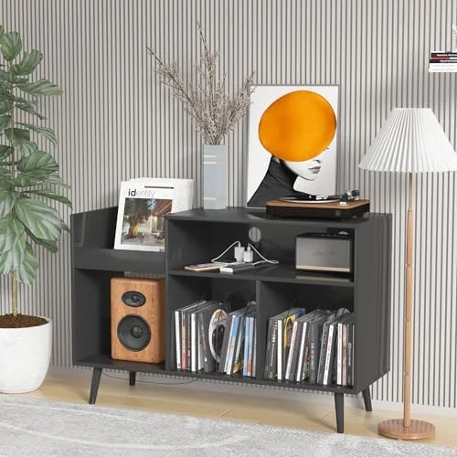 KHBIULIFE Mid-Century Record Player Stand with  Vinyl Record Cabinet Record Player Table with Power Outlet Turntable Stand Large Record Holder Holds