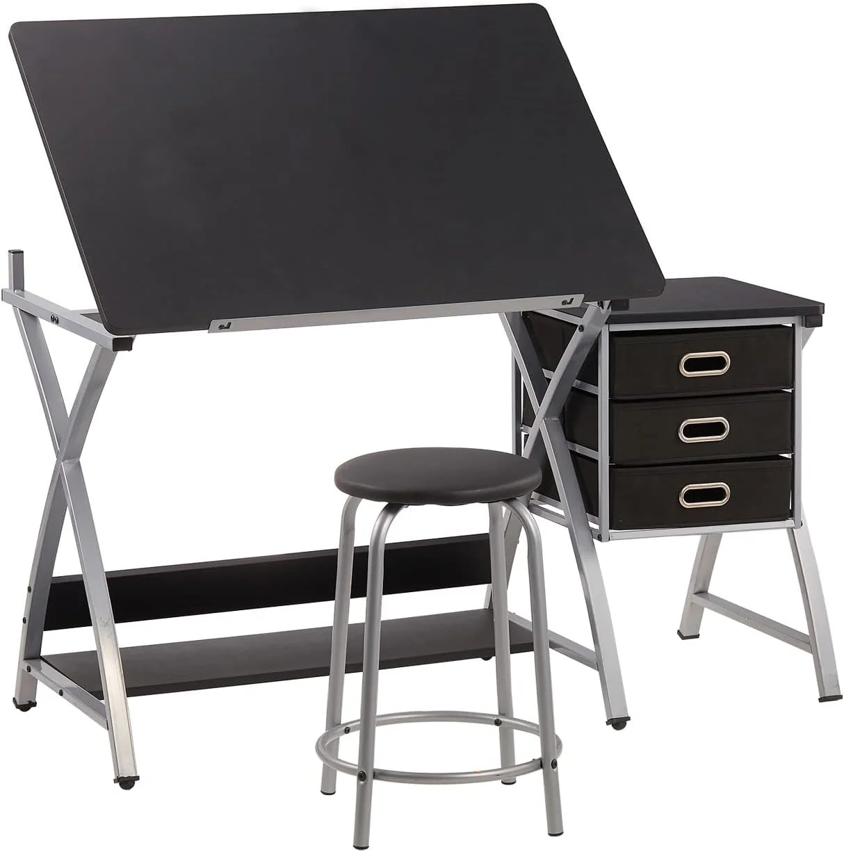 Adjustable Drafting Table For Artists With Stool, Sturdy X-Cross Metal Frame Drawing Table With Storage Drawers, Art Desk With Tilted