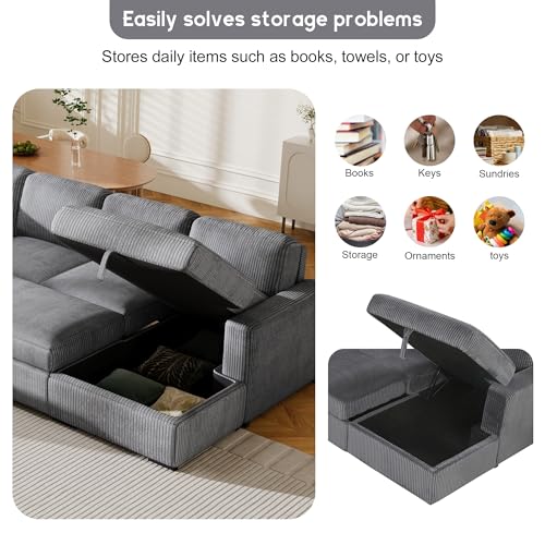 L-Shaped Pull Out Sleep Sofabed,Modern Reversible Sleeper Sectional Sofa Chenille Upholstered Button Tufted Decor with Storage Chaise