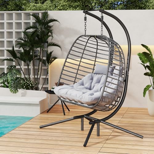HWB Hanging Egg Chair with Stand, Patio Wicker Hammock Egg Swing Chair with Cushion for Bedroom Garden Indoor Outdoor (Beige)