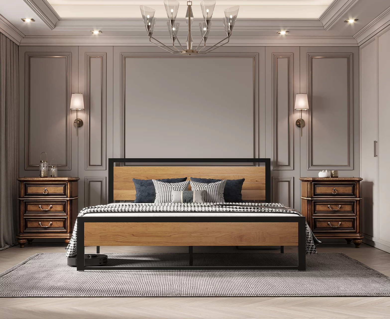 Queen Size Bed Frame Steady Steel Platform with Wood Headboard/Footboard