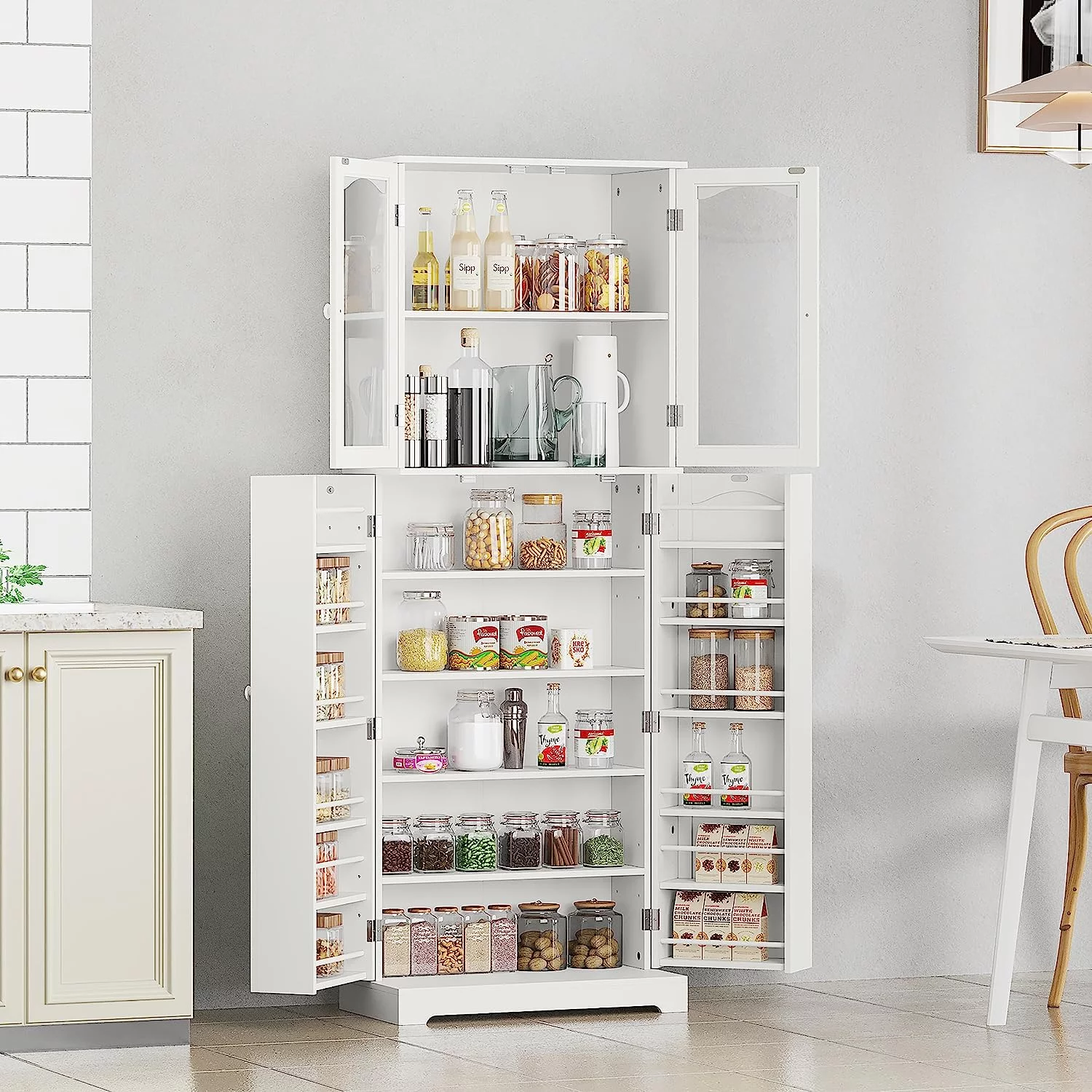 HOMEFORT 64" Kitchen Pantry Cabinet, Modern Tall Cabinet with MDF board and Adjustable Shelves