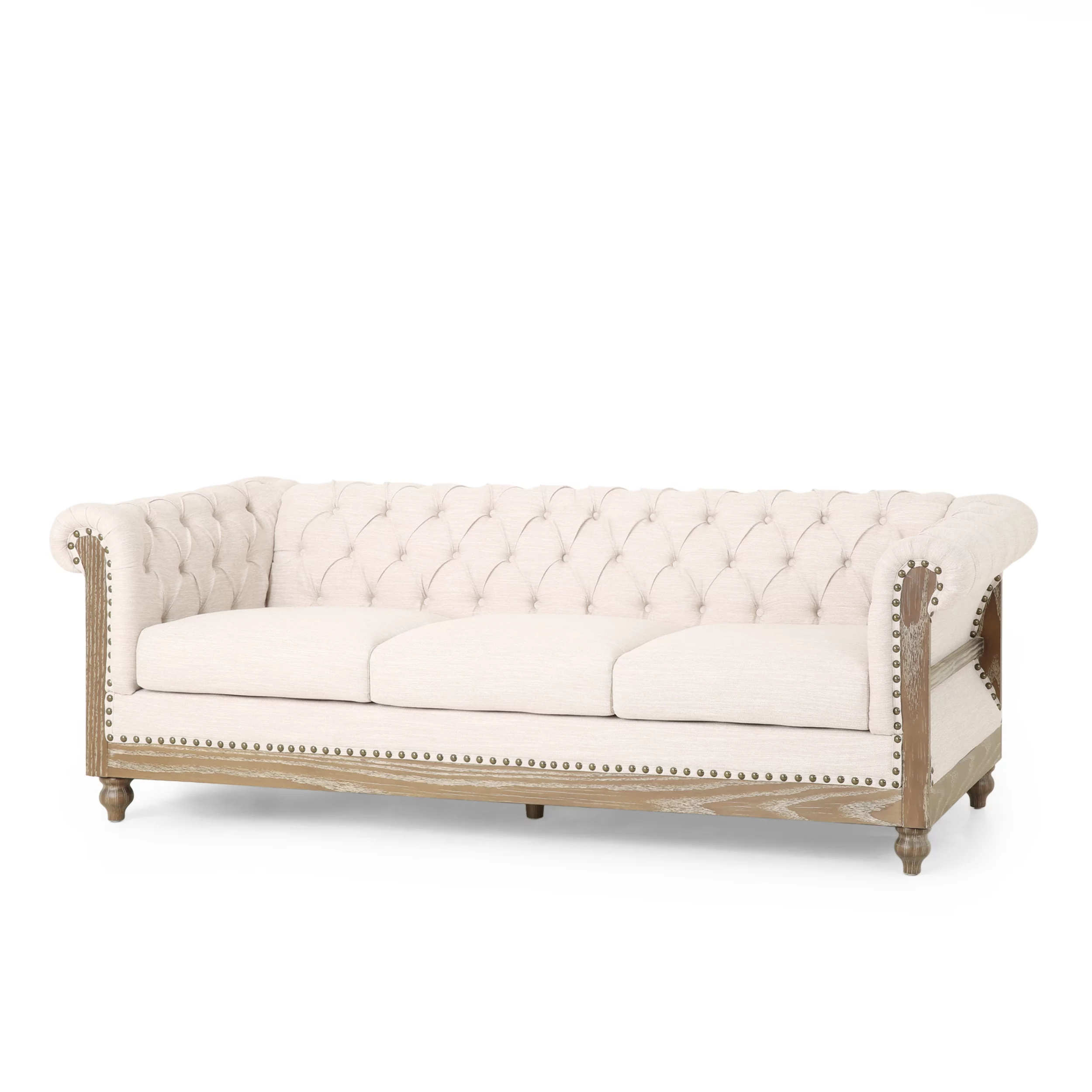 Noble House Petes Fabric Tufted 3 Seater Sofa, Beige