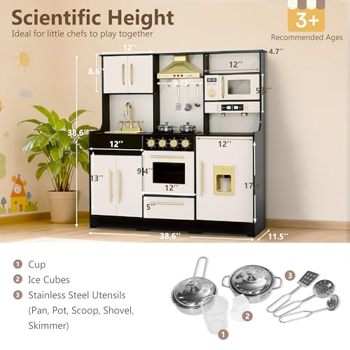 Kinder King Wooden Kids Play Kitchen, Toy Kitchen Playset for Toddler, Play Kitchen Set w/Real Sounds, Pretend Coffee Machine, Kitchen Hood, Sink