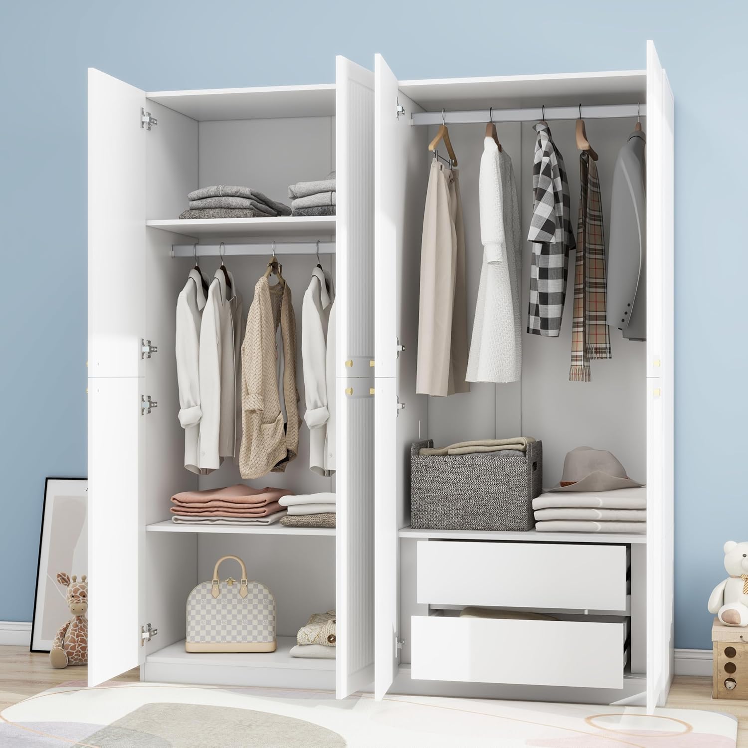 4 Door European Modern Wardrobe, Wood White Armoires with 2 Storage Drawers, Bedroom Armoires Clothes Storage Cabinet with Clothing Rods and Shelves