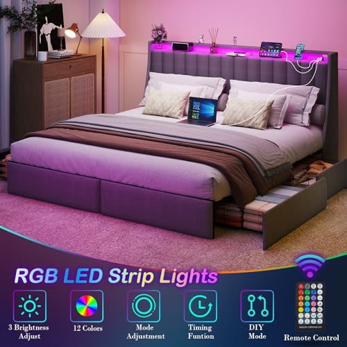 Queen Bed Frame with 2 Storage Drawers, Platform Bed Frame Queen Size with LED Light, Upholstered Headboard, Charging Station, Steel Slat Support