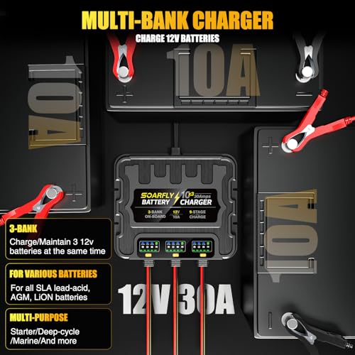 3 Bank Marine Battery Charger, 12V 30A (10A/Bank) Smart Waterproof Onboard Boat Battery Charger