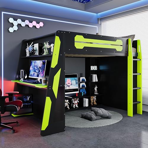 Gaming Bed with Desk,Wardrobe,Ample Storage Space,and RGB LED Light, Full Size Wood Loft Bed for Kids Bedroom (Cloud Blue/K)