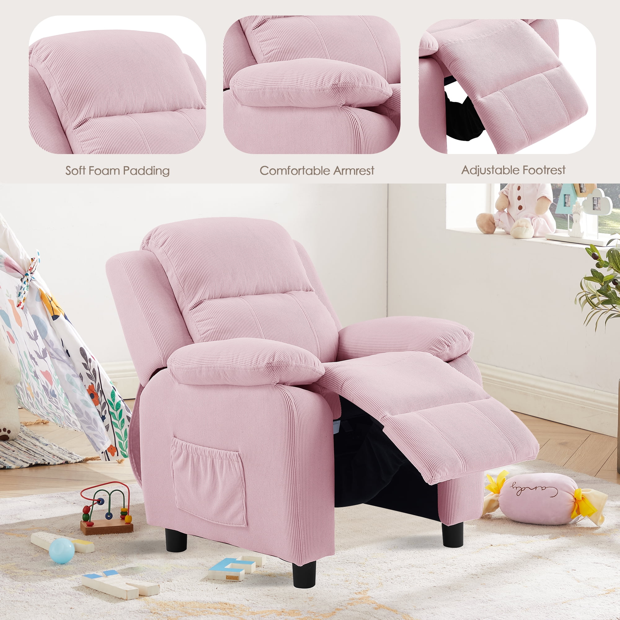 Ulax Furniture Kids Recliner Chair Adjustable Kids Lounge Recliner Couch with Footrest, Storage Arms, Side Pockets for Girls Boys, Pink
