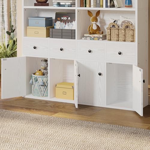 IRONCK 78.7" Bookcase with 4 Drawers and 4 Doors, 6 Tier Large Bookshelf with Storage, Floor Standing Display Storage Shelves