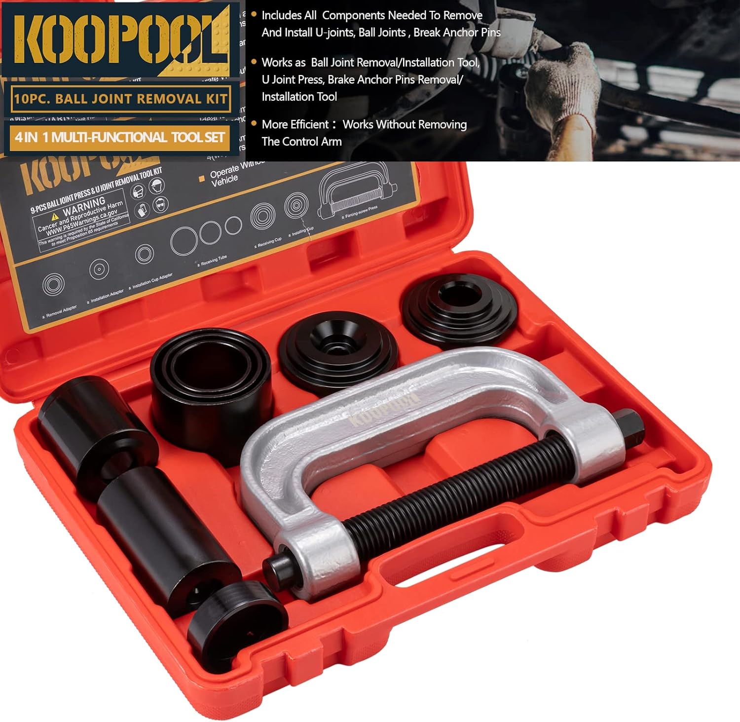 KOOPOOL Ball Joint Press & U Joint Removal Tool Kit 10 PCS for Ball Joint, U-Joint, Brake Anchor Pins Removal and Installation with Carrying Case