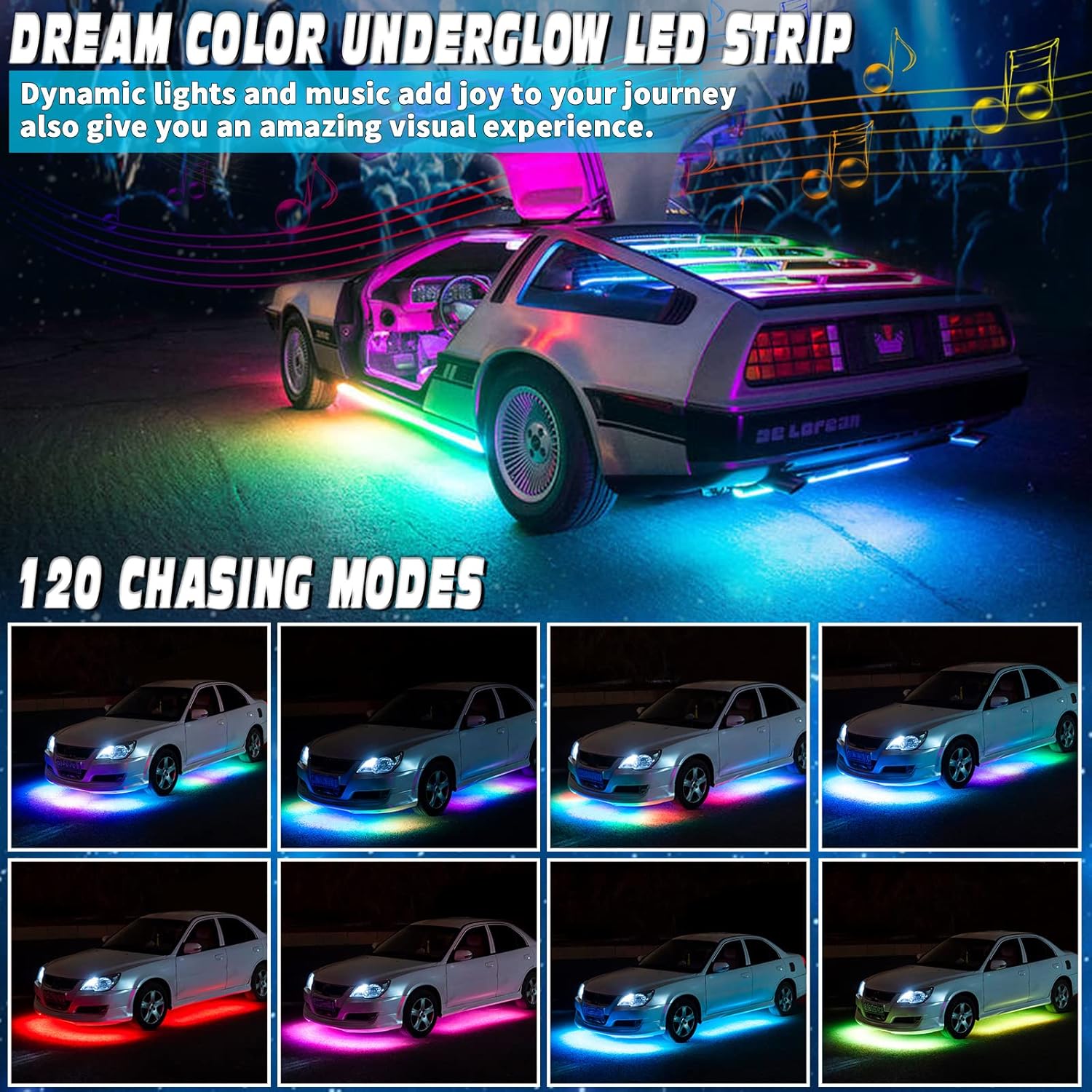 OPPBUY Car Underglow Lights,6PCS Dimmable RGB Underbody Exterior Car Strip Lights with APP Control,16 Million DIY Colors,210 Chasing Color,Music Mode