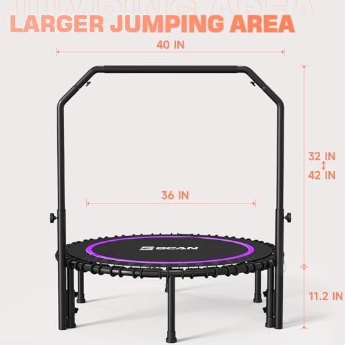 BCAN 450/550 LBS Foldable Mini Trampoline, 40"/48" Fitness Trampoline with Bungees, U Shape Adjustable Foam Handle