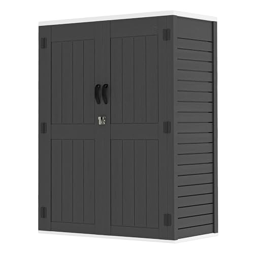 GOOBED Vertical Outdoor Storage Shed, 59 Cubic Feet Resin Tall Shed, Lockable Waterproof Tool Organizer for Garden, Garage, Patio, No Shelves (Brown)