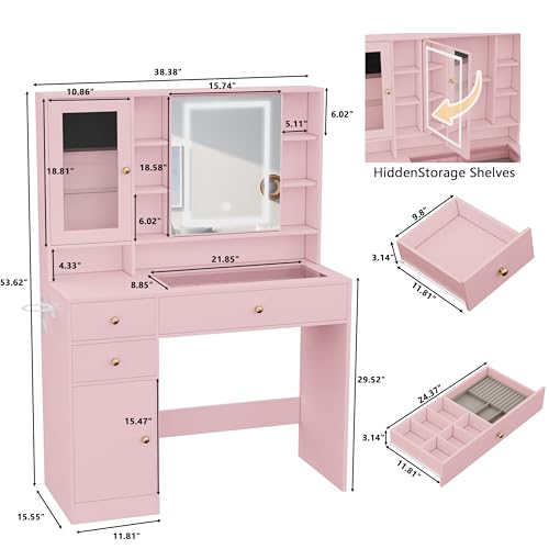 Makeup Vanity Desk with Mirror and Lights, White Vanity with Glass Top, LED Lights & Power Outlet, 3 Drawers & 2 RGB Glass Cabinets