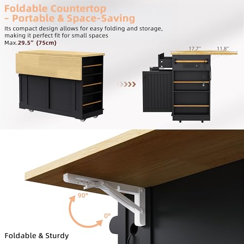 Kitchen Island with Drop Leaf & Power Outlet, Rolling Kitchen Islands Cart with 5 Open Storage Shelves & Towel Rack