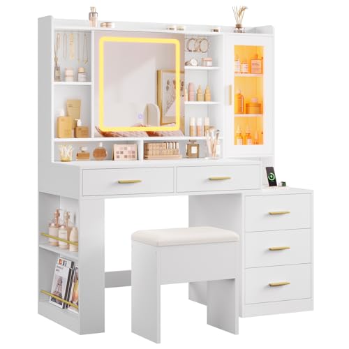 DICTAC Makeup Vanity Desk with Sliding LED Lighted Mirror, 47.2"W Large Vanity Desk with Drawers, Shelves and Side Storage, RGB Glass Cabinet