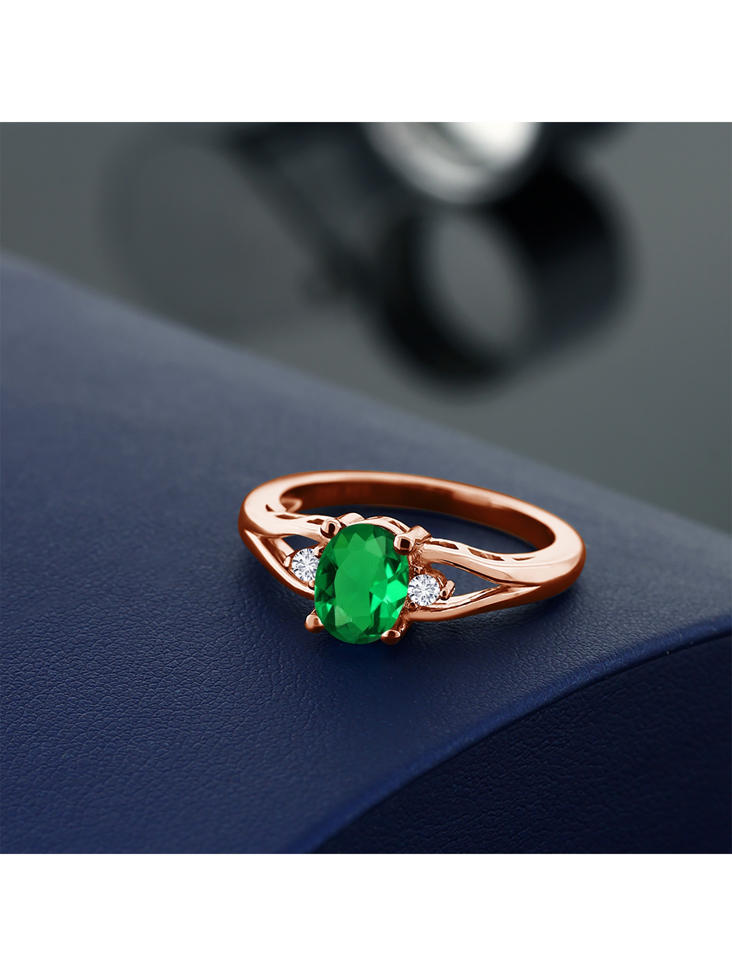 Gem Stone King 18K Rose Gold Plated Silver Green Nano Emerald and White Lab Grown Diamond 3 Stone Engagement Ring For Women | 0.83 Cttw | Oval 8X6MM