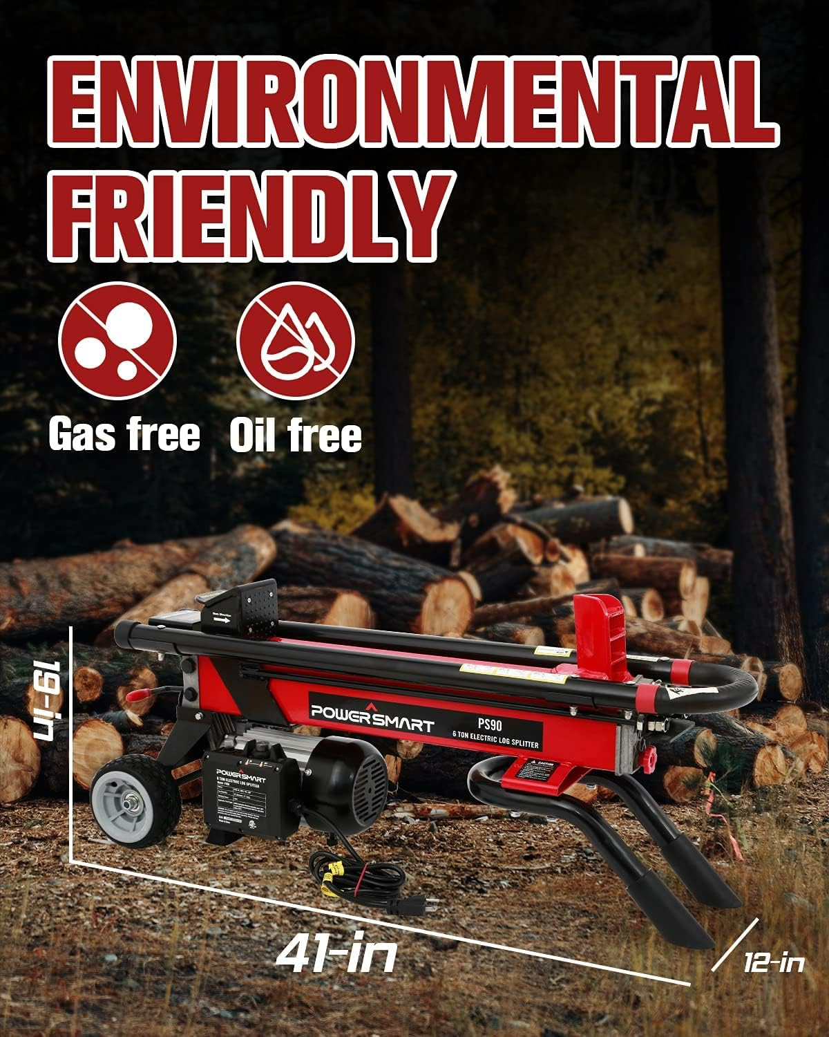 PowerSmart Log Splitter Electric, 6-Ton Hydraulic Log Splitter, 15 Amp Electric Log Splitter, Electric Wood Splitter