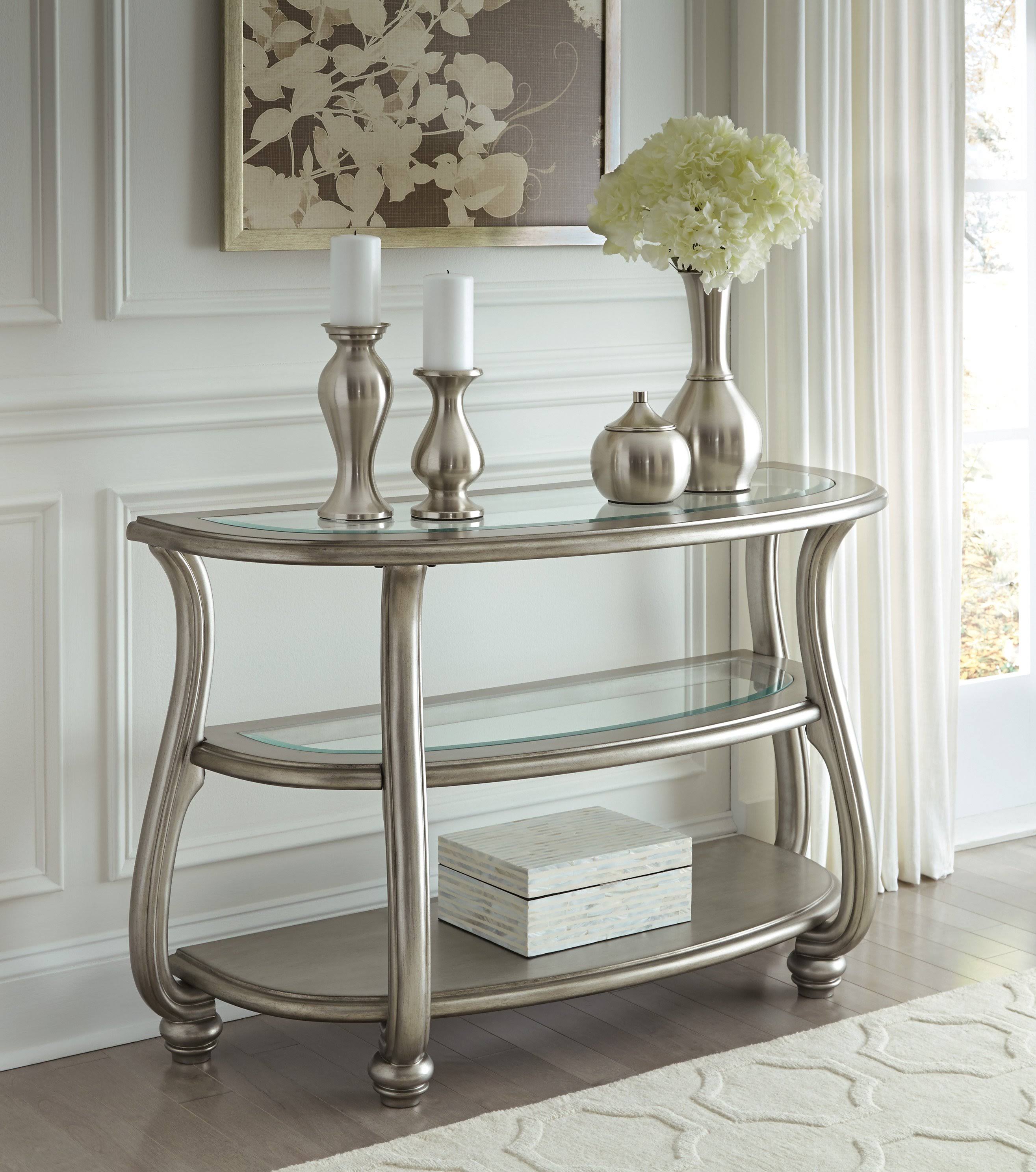 Ashley Furniture Coralayne Glass Accent Console Table in Silver