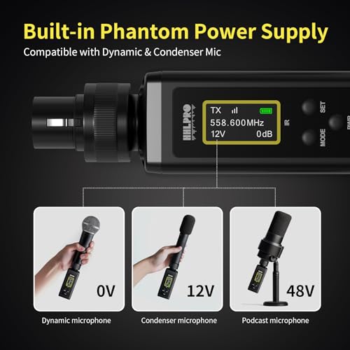 UHF Wireless XLR Transmitter and Receiver with Dual Antennas, 470ft Range, Auto Channel Scanning, Plug-on Wireless Mic Adapter for Audio Mixer