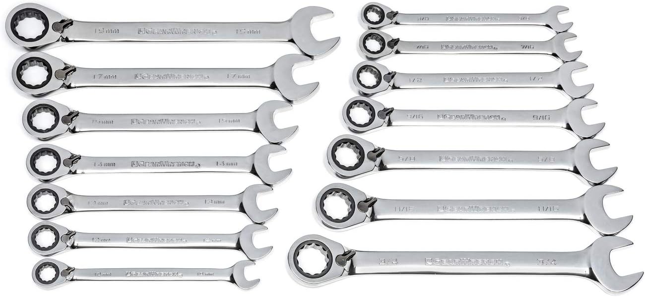 GEARWRENCH 16 Pc. 12 Pt. Reversible Ratcheting Combination Wrench Set with Tool Roll, Metric - 9602RN