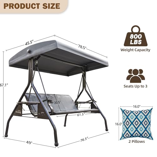 3 Person Patio Swing Outdoor Swing for Adults with Adjustable Canopy &Upgraded Cup Holders Textilene Fabric Porch Swing Chair with Stand Heavy Duty