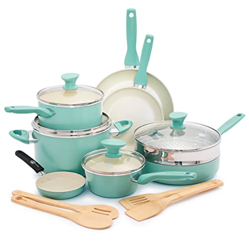 GreenPan Rio 16 Piece Cookware Pots and Pans Set, Hard Anodized Healthy Ceramic Nonstick PFAS-Free, Bakelite Handles, Frypans, Saucepan, Saute Pan