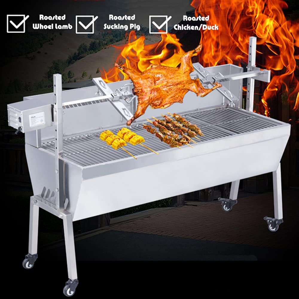 Rotisserie Grill Roaster 46 Inch Pig Grill Roaster Stainless Steel BBQ Charcoal Spit Electric Rotating Grill Lamb Spit Roaster 66lbs Capacity with