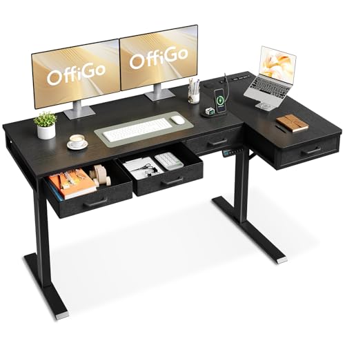 OffiGo 63 Inch L Shaped Electric Standing Desk with Drawers, Height Adjustable Large Desk with Power Outlets, Sit Stand Table