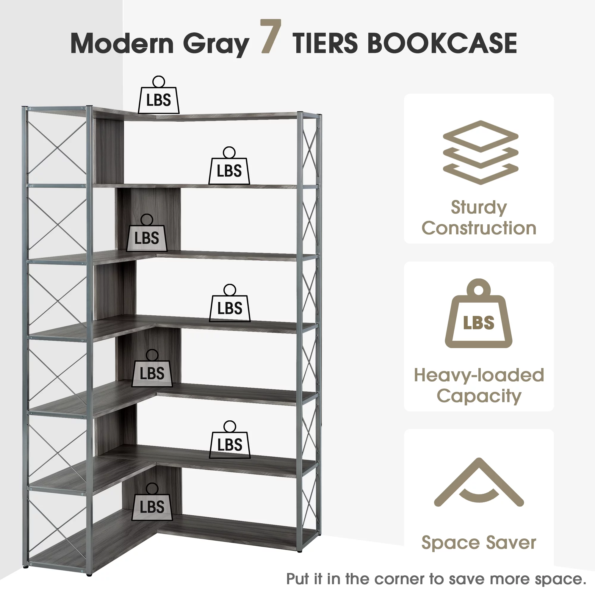 Industrial 7 Tier L-Shaped Corner Bookshelf, Large Home Office Bookcase with Metal Frame, Tall Storage Shelf Display Rack
