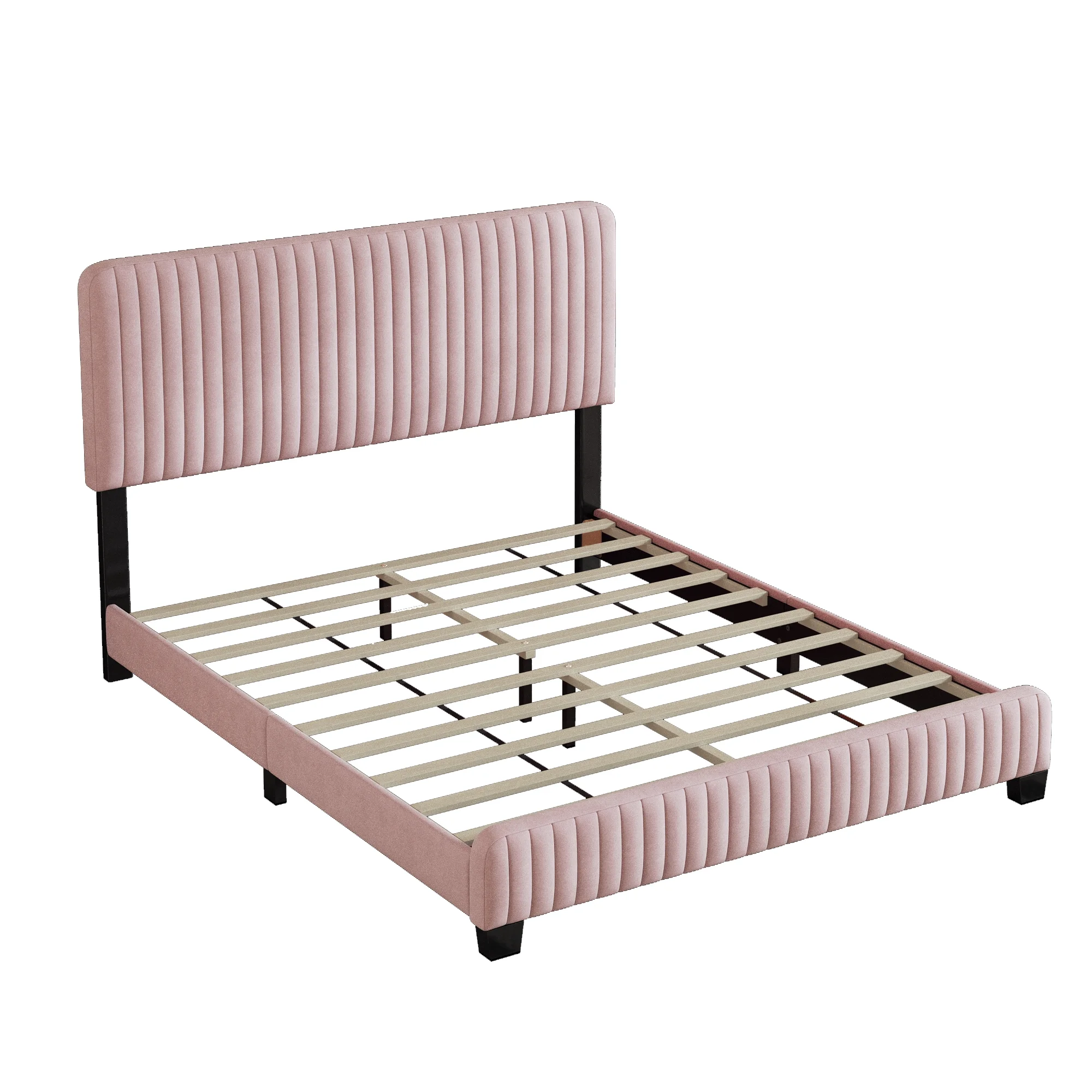 Churanty Full Size Upholstered Platform Bed,Velvet Platform Bed Frame with Headboard,Pink