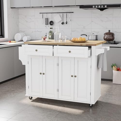 Kitchen Cart with Wood Top and Drop Leaf Breakfast Bar, Rolling Mobile Kitchen Island Table on Wheels with Drawer and Storage Cabinet, Spice Rack