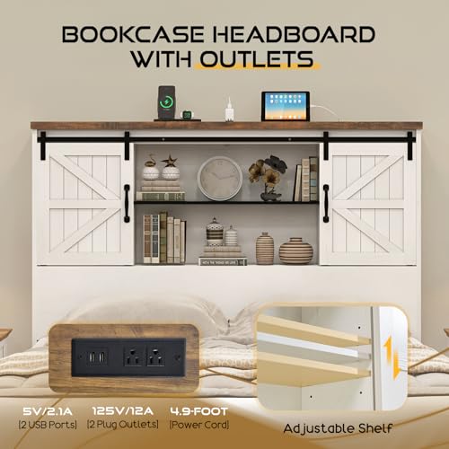 HOWE King Size Bed Frame, Wood Platform Bed Frame with 51.2" Bookcase Headboard, Storage Bed with Sliding Barn Door Charging Station 2 Drawers