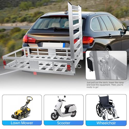 Aluminum Hitch Cargo Carrier with Ramp - 500-Lb Capacity Silver,Trailer Aluminum Cargo Basket Luggage Carrier Rack, for Cars Truck Pickup Vans